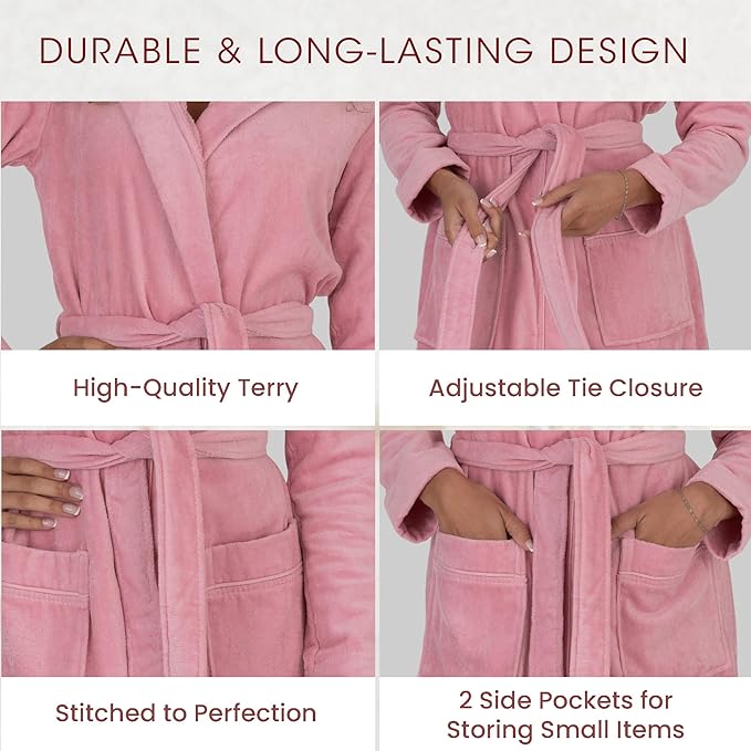 Be Relax Bathrobe for Women - Full Length Terry Cotton Robe with Shawl Collar and Hood, Warm and Cozy Robe with Belt & Pocket