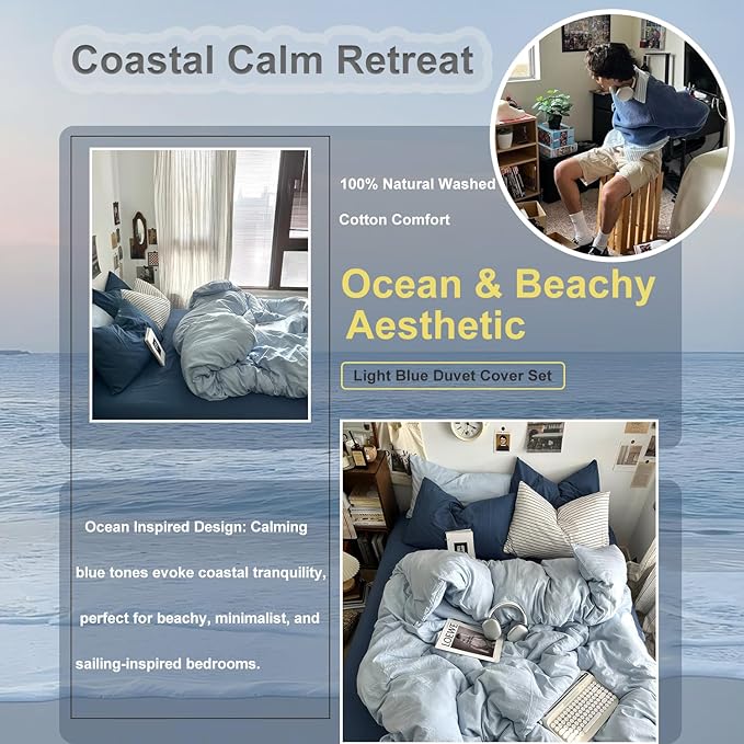 mixinni 100% Washed Cotton Duvet Cover Set Full Size, Solid Light Blue Ocean Themed Chic Bedding, Soft Breathable Minimalist Comforter Cover with Zipper Closure & Corner Ties-Full Size