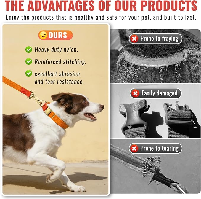 Dog Collar and Leash Set with Metal Quick Release Buckle, Adjustable, Breathable Nylon, Durable, Soft and Comfortable, No Pull for Walking and Training, Orange, L (14.9"-22.8")