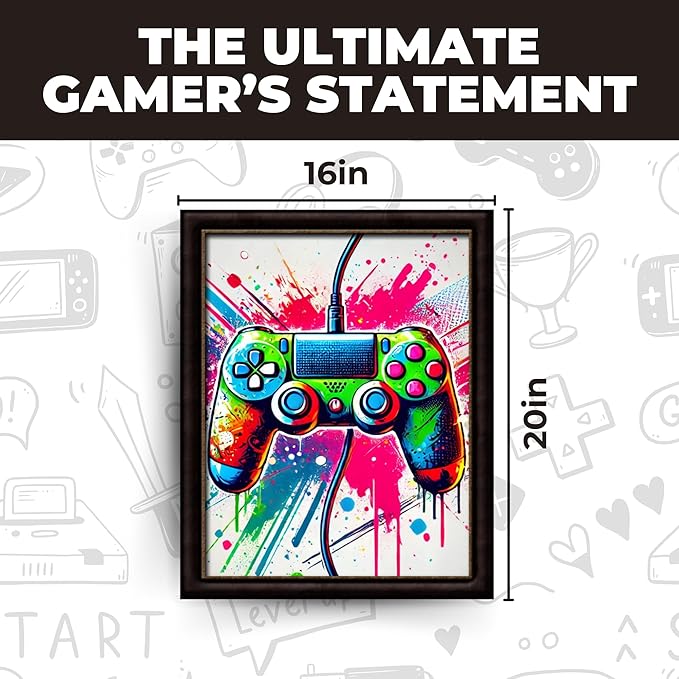 InkFlow Posters Vibrant Gaming Controller Poster - Abstract Graffiti Art with Colorful Paint Splashes - Fun Wall Decor for Bedroom, Office, Game Room - 16x20 Unframed Canvas Print