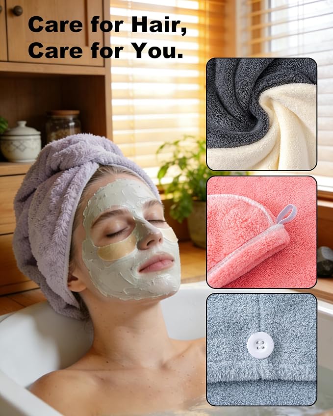 Microfiber Hair Towel Wrap for Women 6 Pack - Ultra Absorbent Fast Drying Turban with Button Closure, Anti-Frizz Design for Curly/Straight Hair, Lightweight & Machine Washable 25x65cm (6 Colors)