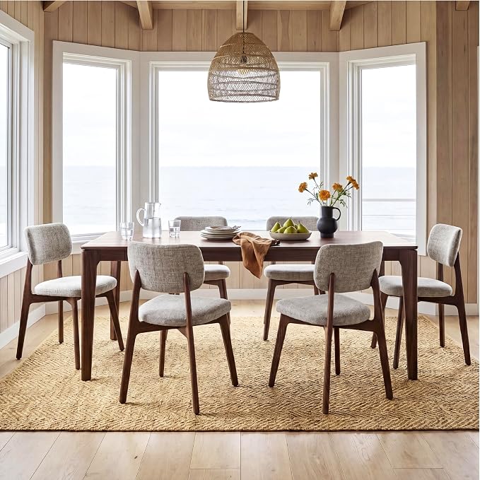 COLAMY Dining Chairs Set of 6, Modern Upholstered Kitchen Room Chairs with Solid Red Oak Wood Legs, 5-Min Easy Assembly Anti-Wobble, High-Weight Fabric Farmhouse Side Chair, 300lbs,Walnut,Beige
