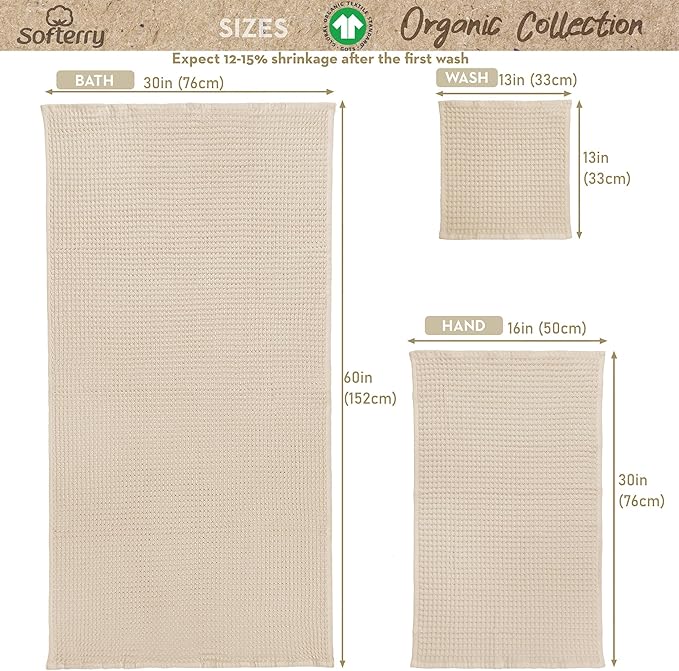 Softerry European Waffle Weave Bath Towel Set of 8-100% Organic Cotton - Quick Dry Lint Free Thin and Absorbent - Fade Resistant - Eco-Friendly (Natural)