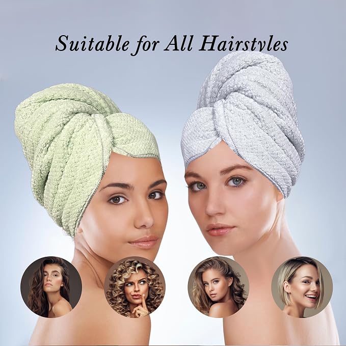 Simnice 2 Pack Extra Microfiber Hair Towel Wrap for Women,Super Soft Anti Frizz Hair Wrap Towels with Elastic Band for All Hairstyles Grey & Green