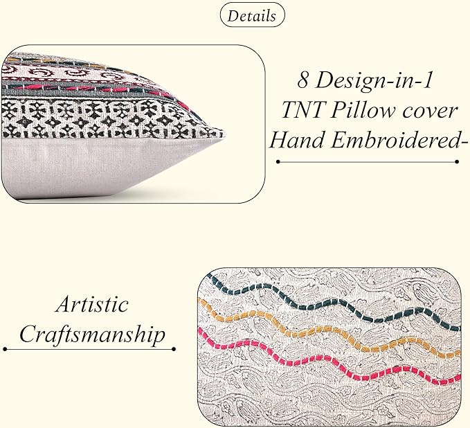 Ridhi Hand Block Print Neutral Ivory Grey Cotton TNT Cushion Cover 18x18 Decorative Throw Pillow Cover for Sofa, Living Room, Bedroom Decor, Soft, Cushion Case for Spring, Easter