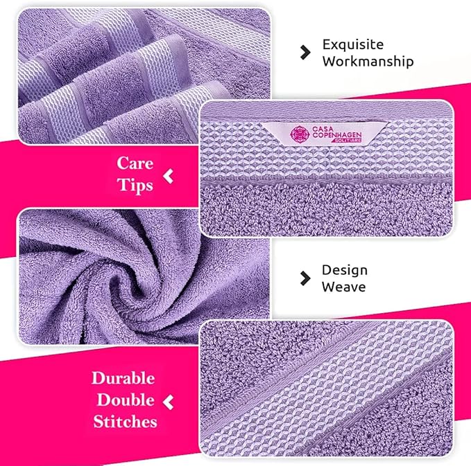 CASA COPENHAGEN Solitaire 6Pcs 100% Egyptian Cotton Large Designer Towels Gift Set- Grey Violet-Purple, 600GSM, 2Bath 2Hand 2Washcloths, Bath Towels for Bathroom Set for Women & Men