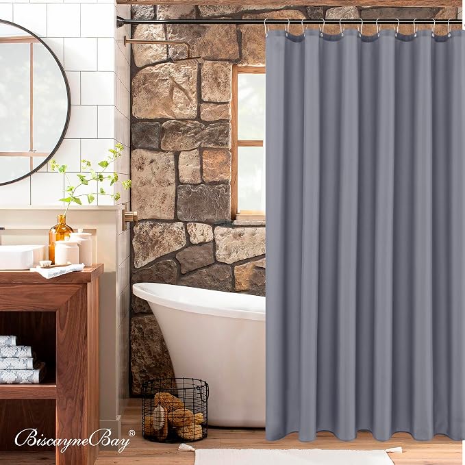 Biscaynebay Hotel Quality Fabric Shower Curtain Liner 72 Inch by 72 Inch, Dark Grey Water Resistant Bathroom Curtains Liners, Rust Resistant Grommets Top Weighted Bottom Hem Machine Washable
