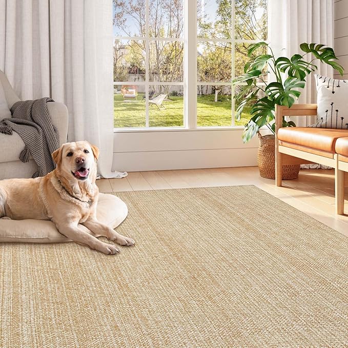 LEEVAN Boho Living Room Rugs 5X8 ft, Washable Area Rug Woven Cotton Modern Bedroom Rugs, Farmhouse Tan Braided Floor Carpet Rug for Dining Room Nursery Room Home Decor