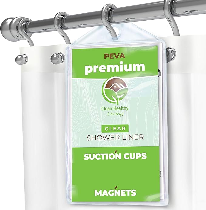 Clean Healthy Living Premium PEVA Clear Shower Curtain Liner with Magnets & Suction Cups - 70 X 71 in. Long