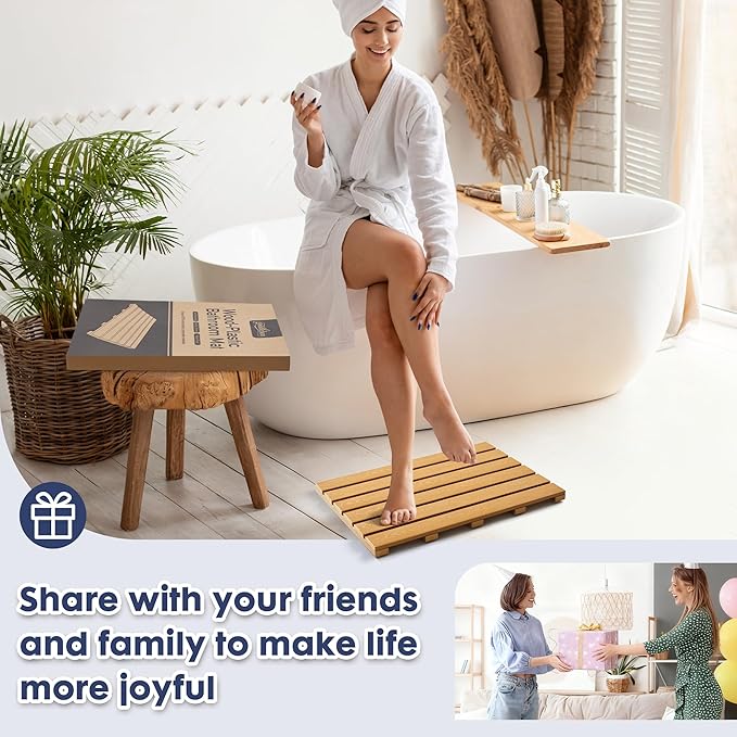 Bamboo-Design Bath Mat, Heavy Duty HDPS Plastic, 19.7" x 13.8", 400lb Support, 100% Waterproof & Fadeproof, Superior to Real Bamboo for Bathroom Spa Sauna Poolside Outdoor (Bamboo Color)