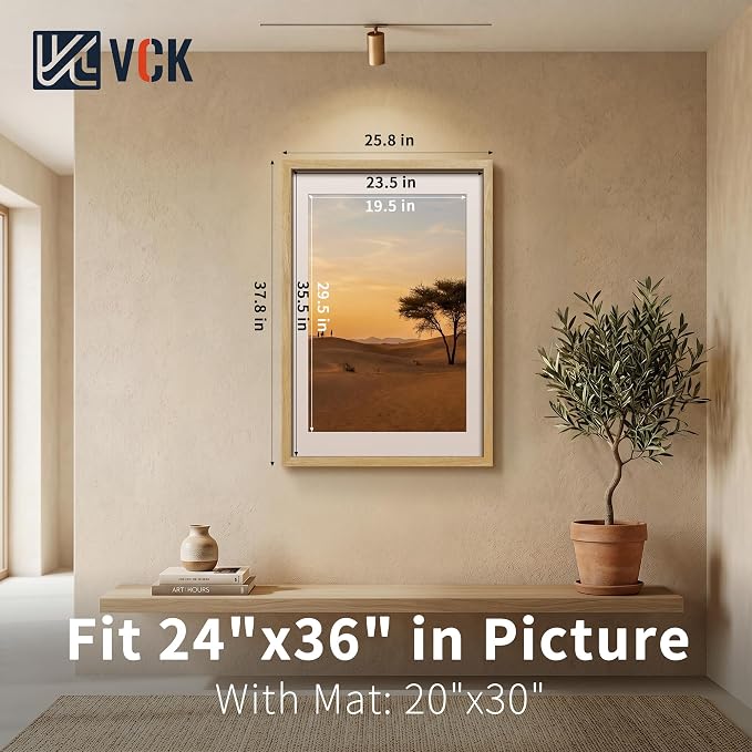 VCK 24x36 Poster Frames Natural - 3 Pack, Wide Border Solid Wood, Display 20x30 Photo with Mat or 24 x 36 Picture Without, for Home, Office, Gallery, Woodgrain Series, Wall Hanging
