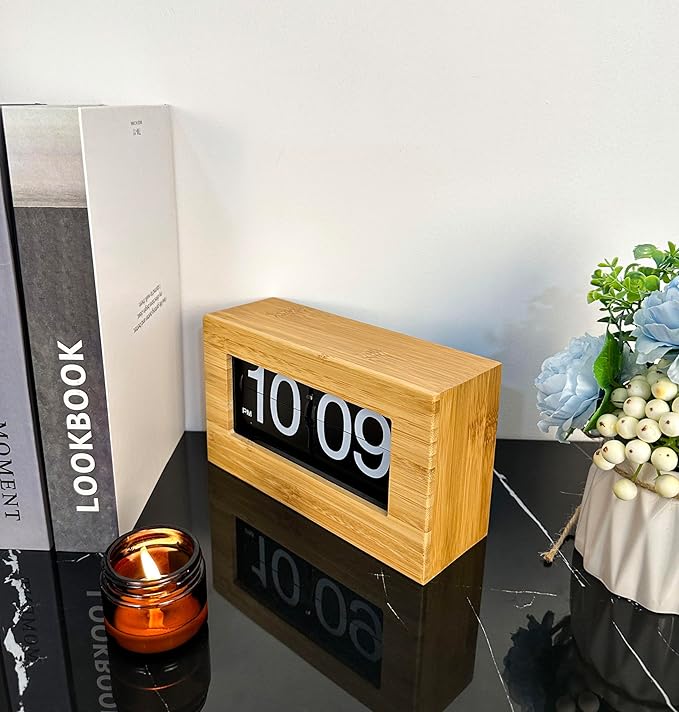 Bamboo Flip Clock,Retro Digital Flip Down Clock,Flip Desk Clock,Retro Vintage Design Auto Flip Clock Desk Clock Table Clock,Battery Operated Digital Display,Decorations(No battery included) (black)