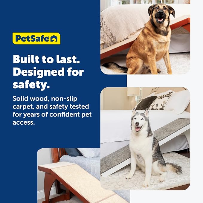 PetSafe CozyUp Wooden Bed Ramp for Cats & Dogs, Furniture-Grade with High-Traction Carpet Surface, White