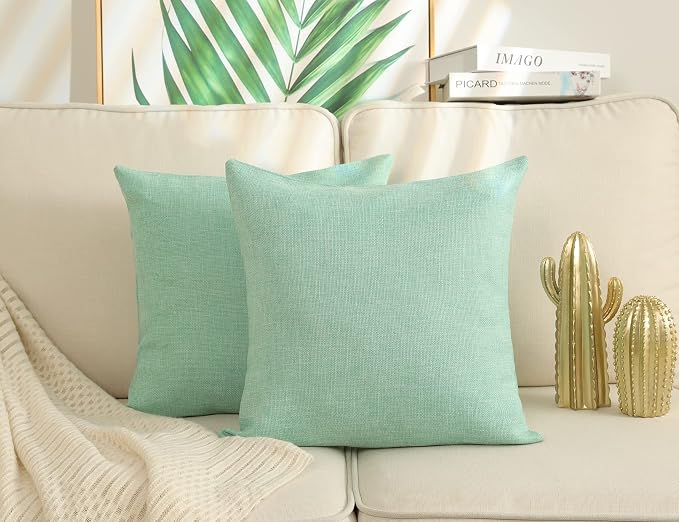 Stellhome Pack of 2 Spring Burlap Throw Pillow Covers Farmhouse Linen Cushion Covers Pillowcase, Home Decor Decorations for Sofa Couch Bed Chair 22x22 Inch/55x55 cm, Green