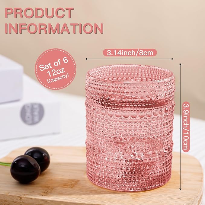 JOVGANK Pink Vintage Hobnail Drinking Glasses Set of 6, Embossed Water Tumbler 12oz, Kitchen & Bar Beaded Glass Cups, Beverage Glass Cups for Water, Beer, Juice, Housewarming Gift