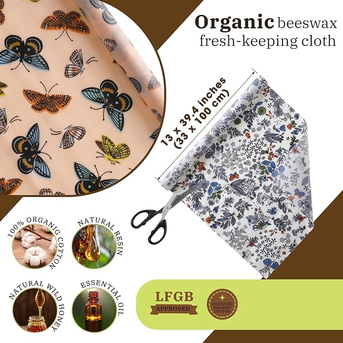 Moukeren 3 Rolls Beeswax Wraps for Food Assorted 13 x 40" Cut to Size Reusable Beeswax Food Wrap Organic Cotton Sustainable Wax Paper Wrappers Plastic Silicone Free for Bread Cheese(Butterfly)