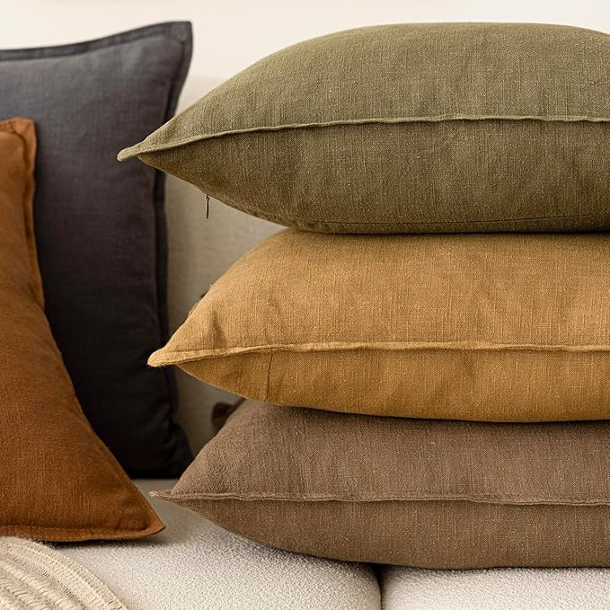 Foindtower Pack of 2, Decorative Linen Soild Throw Pillow Covers Soft Accent Cushion Case Boho Farmhouse Neutral Pillowcase for Chair Couch Sofa Bedroom Living Room Home Decor 18 x 18 Inch Light Brown