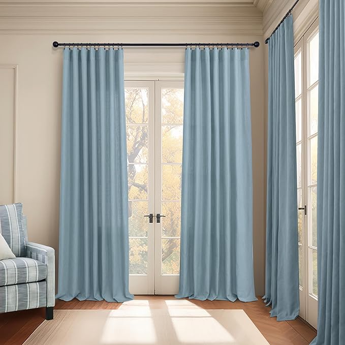 Extra Long Curtains for Living Room Patio Sliding Glass Door 120 Inch Length Linen Sheer Light Filter Curtains & Drapes for Villa Cottage Country House Back Tab Pocket 12 Feet 12ft 52x120 Stone Blue