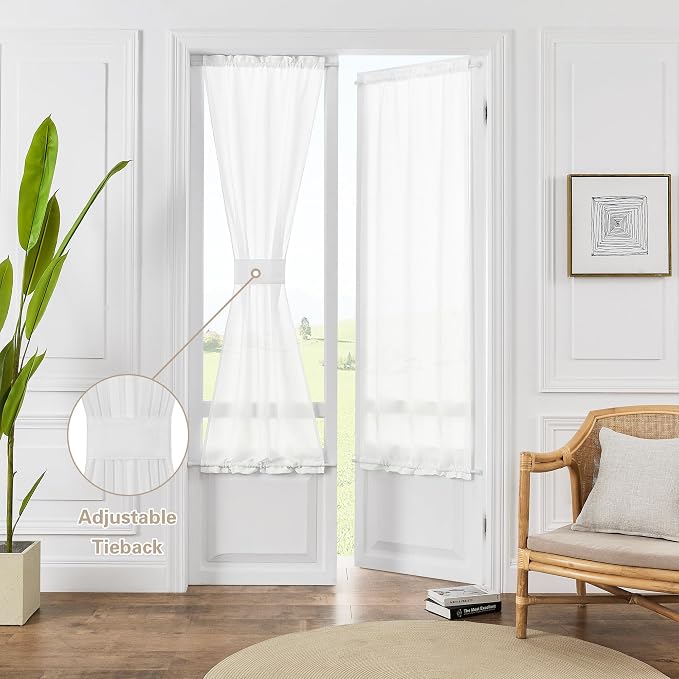 2 Pieces Linen French Door White Curtains W25 x L72 for Kitchen Bathroom Bedroom Glass Door Window Elegant Translucent Open Weave Light Reducing Flax Texture Drapes