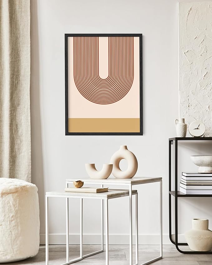 Continuous Line Face Wall Art Abstract Portrait Organic Shapes Earth Tones Terracotta Mid Century Modern 16x20 Inch Oak Wood Black Framed Minimalist Line Drawing for Vanity