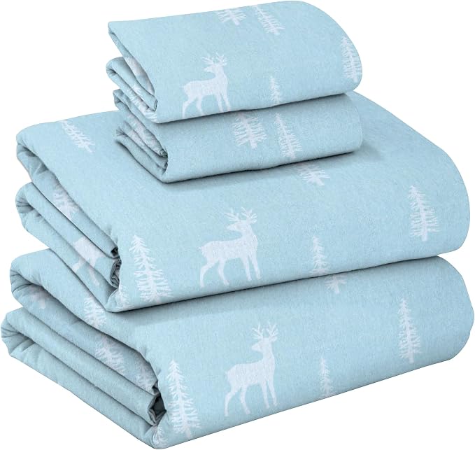 RUVANTI Flannel Sheets King Size - GOTS Certified 100% Organic Cotton, 4 Piece Warm, Soft & Breathable Set, Deep Pocket Snug Fit, Double Brushed Cozy All Season Bedding, Blue Pine