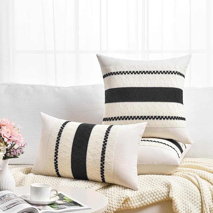 Fancy Homi Set of 1 Boho Black Decorative Throw Pillow Cover 18x18 Inch for Couch Bed Sofa, Aesthetic Modern Organic Farmhouse Home Decor, Soft Cotton Cute Accent Macrame Woven Cushion Case