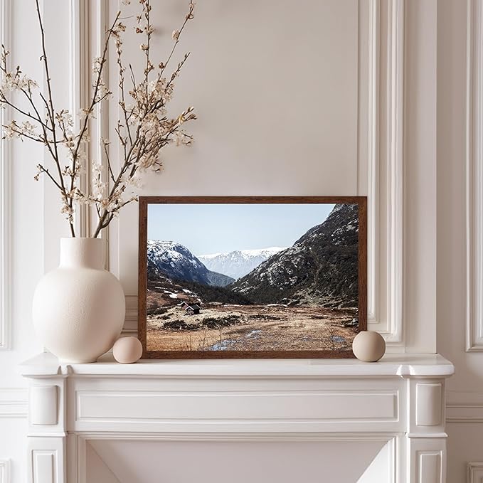 Monem Art Scandinavian Mountain Cabin Landscape Photography Print - Nordic Nature Scenic Art Poster - Wall Decor for Living Room, Bedroom or Office - 12x16 Brown Framed Wall Art by Mareike Bohmer