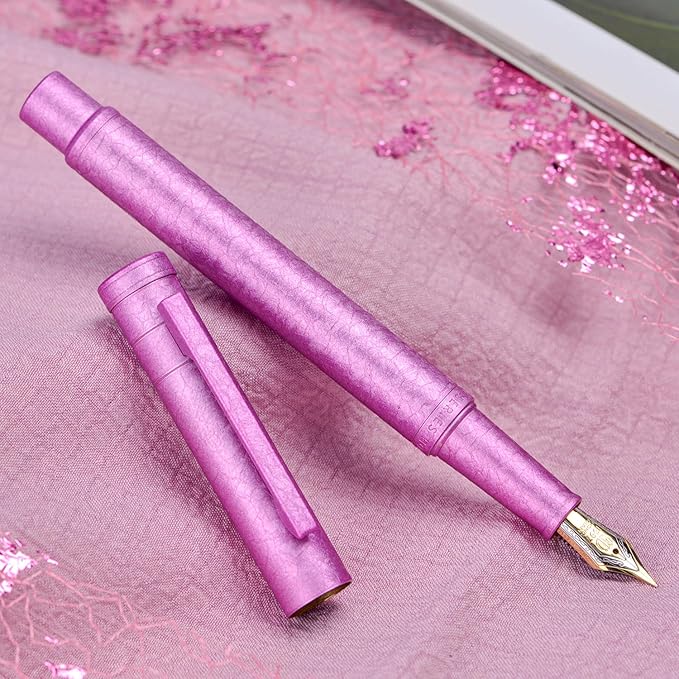Hongdian 1851 Forest Fountain Pen Pink Ice Flowers, Bent Nib Classic Design with Converter and Metal Pen Case