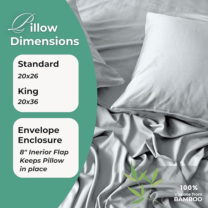BedVoyage Ultra Soft Standard Pillowcase Set, Cooling & Breathable, Silky & Gentle to Skin and Hair, Luxury 100% Viscose Derived from Bamboo, 20x26 Envelope Closure, 2pc Set, Standard – Stone