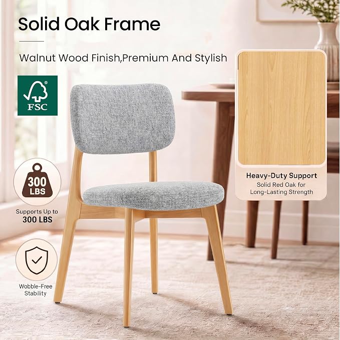 COLAMY Dining Chairs Set of 6, Modern Upholstered Kitchen Room Chairs with Solid Natural Oak Wood Legs, 5-Min Easy Assembly Anti-Wobble, High-Weight Fabric Farmhouse Side Chair, 300lbs,Oak,LightGrey