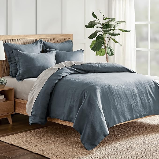 Levtex Home - 100% French Flax Linen - Twin Duvet Cover - French Flax Washed Linen - Denim Blue - Duvet Cover Size (66x88in.)