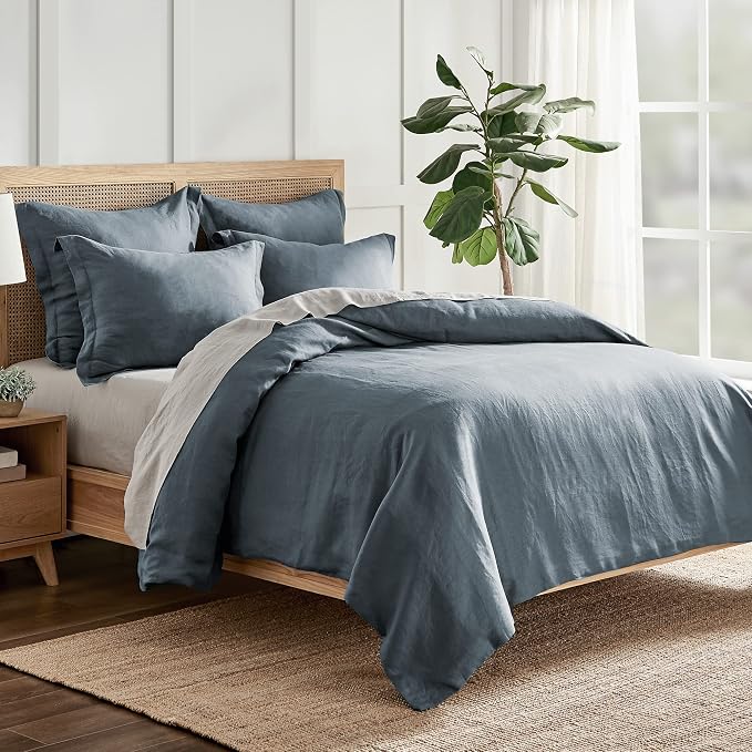 Levtex Home - 100% French Flax Linen - Full/Queen Duvet Cover - French Flax Washed Linen - Denim Blue - Duvet Cover Size (90x94in.)