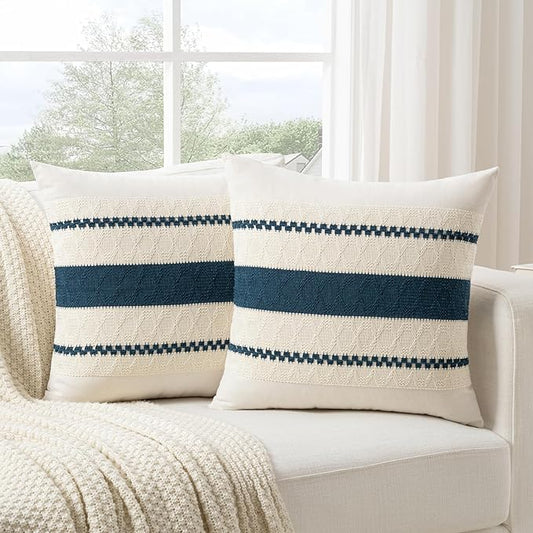 Fancy Homi Set of 2 Boho Teal Decorative Throw Pillow Cover 16x16 Inch for Couch Bed Sofa, Aesthetic Modern Organic Farmhouse Home Decor, Soft Cotton Cute Accent Macrame Woven Cushion Case