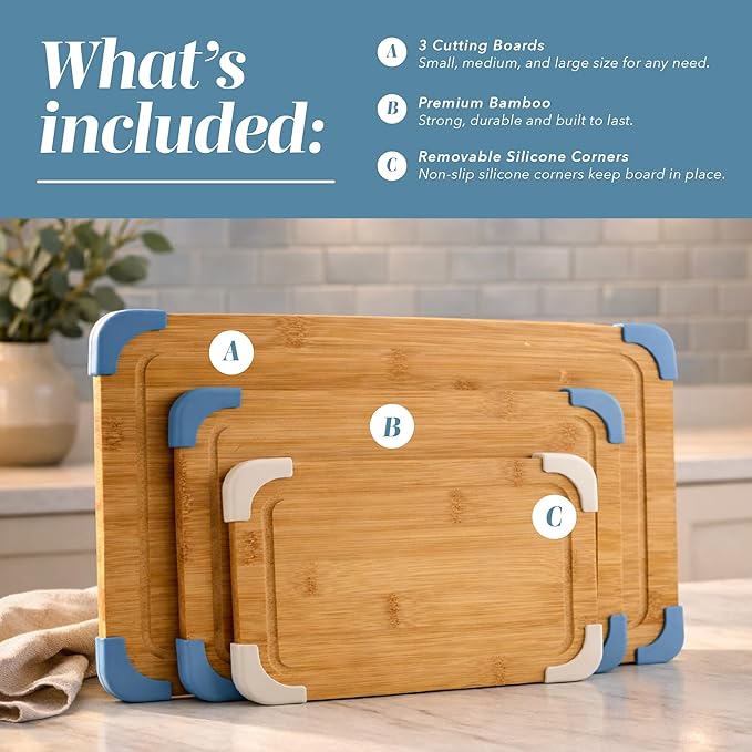 COOK WITH COLOR Non-Slip Cutting Board Set – Kitchen Essentials with Easy Grip Handle for Meat, Veggies, and Fruits, 3 Cutting Boards, Bamboo Non-Slip Light Blue