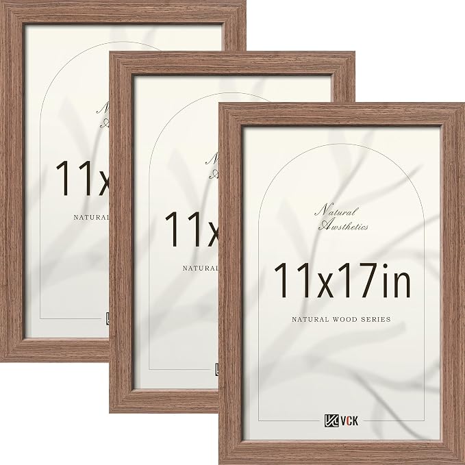 VCK 11x17 Picture Frame 3 Pack - Walnut Solid Wood Poster Frames, Textured Exclusive Wood Wall Gallery Frame