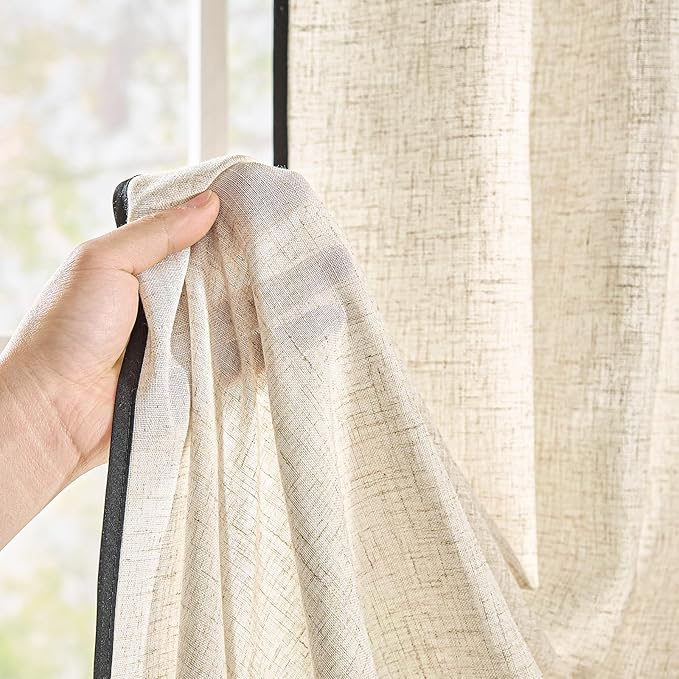 jinchan Beige Linen Blend Curtains with Black Trim, French Style Drapes for Living Room Bedroom 2 Panels 96 Inches Length Neutral Curtains Farmhouse Modern Window Treatment with Rod Pocket Back Tab