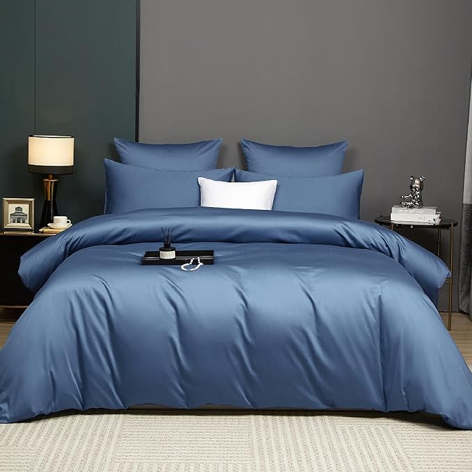 Slate Blue Cotton Duvet Cover Set King 100% Long-Staple Cotton Sateen Bedding Set, Soft Breathable Smooth Organic Pure Cotton Plain Comforter Cover, Luxury Minimalist Bedroom Decor for All Season