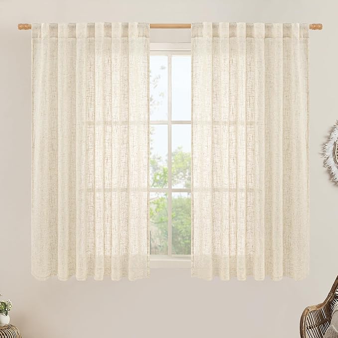 LAMIT Beige Linen Semi Sheer Curtains 48 Inch for Bedroom, Light Filtering Neutral Window Curtains Farmhouse Boho Back Tab and Rod Pocket Panels, 2 Panels, 52 x 48 Inch