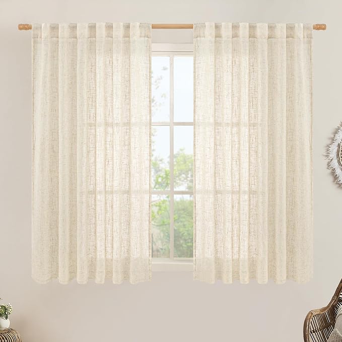 LAMIT Linen Semi Sheer Curtains 40 Inch for Kitchen Window Over Sink, Light Filtering Panels Farmhouse Boho Back Tab and Rod Pocket Drapes for Cafe, Beige, 2 Panels, 52 x 40 Inch