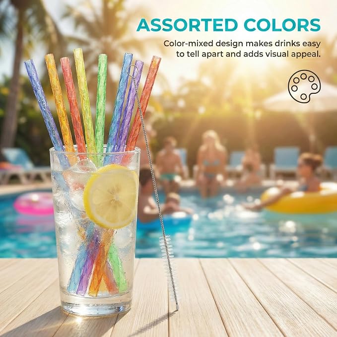 Reusable Drinking Straws 100 Pack, Assorted Color Plastic Straws, 9 Inch, Easy Clean with Brush, Durable & Dishwasher Safe for Cold Drinks & Kids