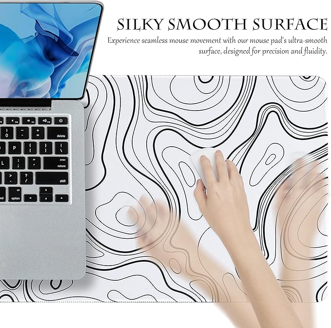 ALOANES Waterproof Mouse Pad with Durable Stitched Edge, XL Gaming Keyboard Pad, Non-Slip Rubber Base, Extended Desk pad for Gamer, Office & Home, White Topographic Map Mousepad 31.5"x 11.8"x 0.12"