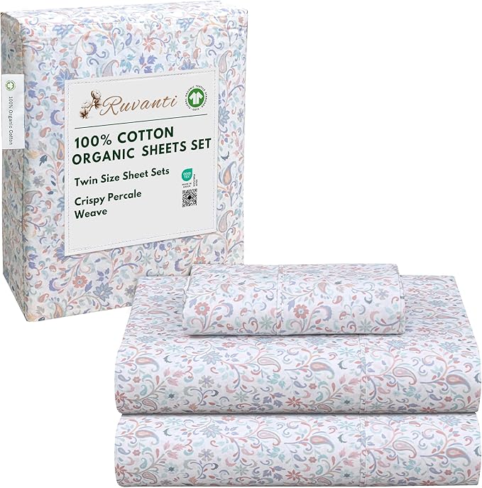 RUVANTI 100% Cotton Organic Percale Sheets Twin Size – Crisp Cooling Bed Sheets for Hot Sleepers, Deep Pocket 15”, Soft Peach Finish, Breathable & Durable Hotel-Style 3 Pcs, Multi Paisley