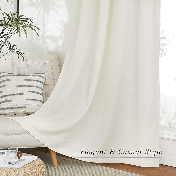 NICETOWN Flax Linen Blend Curtains & Drapes for Bedroom, Rod Pocket & Back Tab Semi Sheer Curtains Privacy Assured Casual & Rustic Light Reducing for Living Room, Off White, W55 x L63, 2 Panels