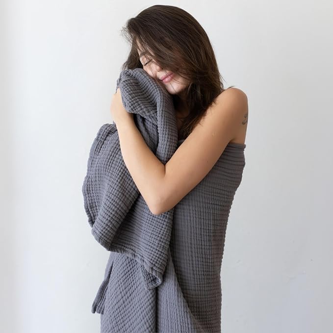 Ultra Soft Muslin Towel Adult Set, 100% Turkish Cotton 4-Layer 2 Pieces Luxury Muslin Hand & Bath Towels Sets for Bathroom (Dark Gray, 1 Bath & 1 Hand Towel Set)