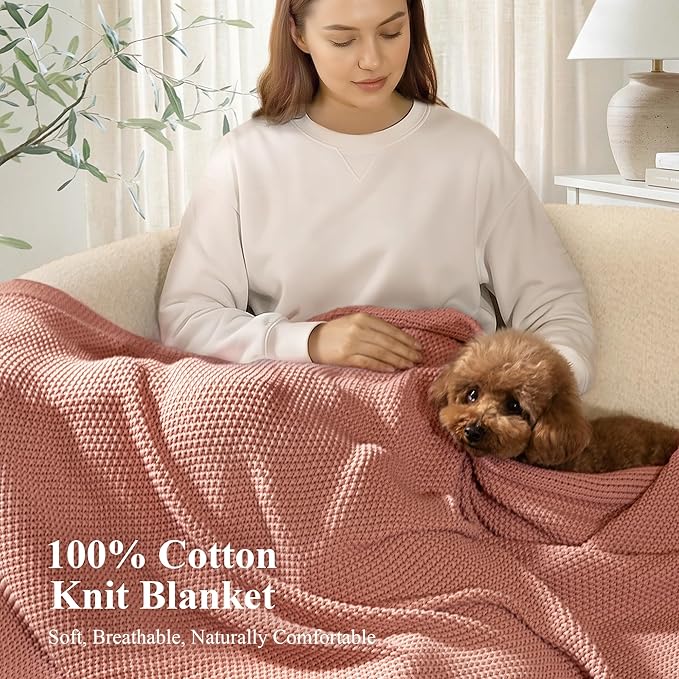 100% Cotton Cable Knit Throw Blanket, Lightweight Soft Knit Blanket for Sofa Couch Bed, Breathable All-Season Throw, Cozy Decorative Blanket, 50 x 60 Inch,Pink