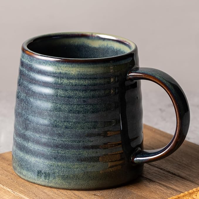 15.5 Oz Large Reactive Glaze Ceramic Mug, Heavy Weighted Stoneware Coffee Cup, Wide Base, Thick Wall Big Tea Cup with Custom Package Box, Microwave & Dishwasher Safe (Dark Green)