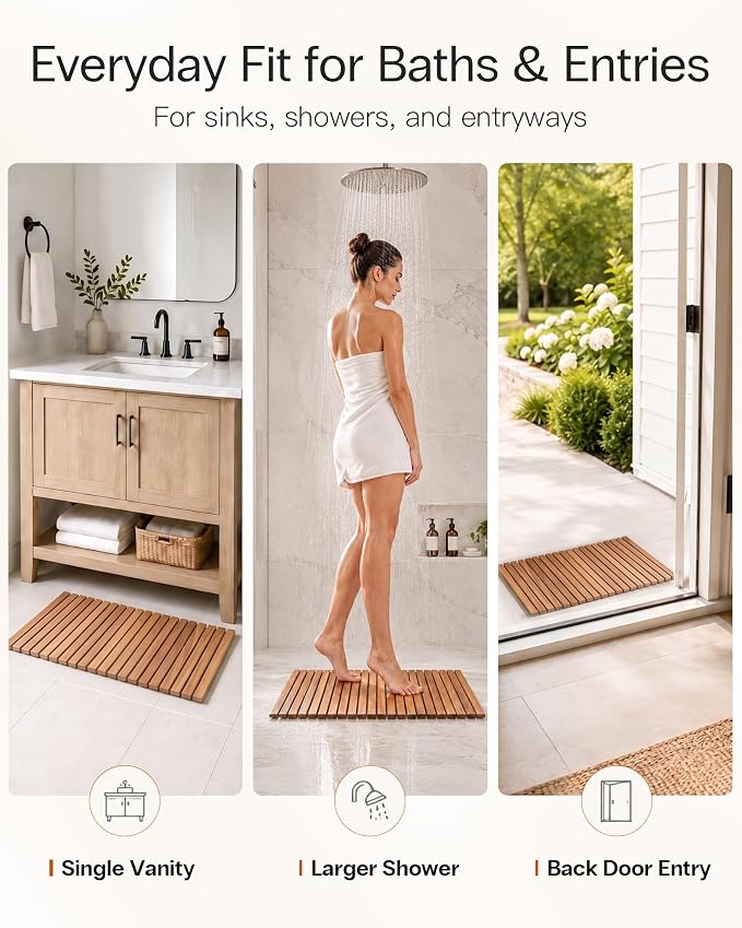 StrongTek Roll Up Teak Bath Mat, Pre-Oiled Wooden Shower Mat with Non-Slip Pads, Teak String Mat for Bathroom, Spa Floor Mat for Tub, Shower & Entry, 30.5 x 19 in