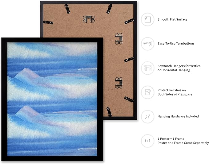 Monem Art Blue Watercolor Abstract Landscape Print - Minimalist Ocean Horizon Art Poster - Wall Decor for Living Room, Bedroom or Office - 12x16 Black Framed Wall Art by Rs Lab Studio