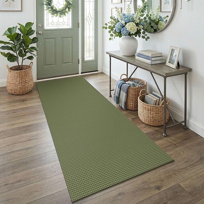 EARTHALL Woven Runner Rug 3x7 Ft Washable Runners for Hallways Wide Non Slip Rubber Backed Kitchen Runner Braided Indoor Floor Carpet for Entryway, Hallway, Kitchen, Bedroom, Green