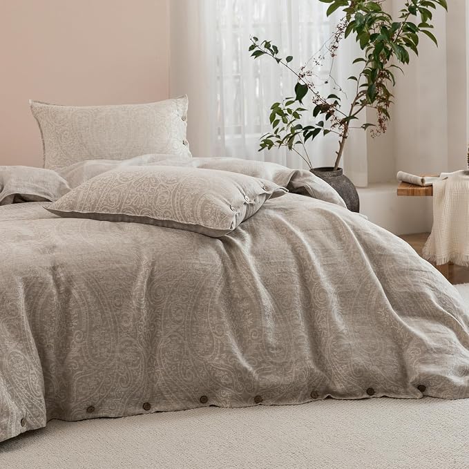 EVERLY 100% Pure Linen Duvet Cover Set Queen Size90X90Inch 3pcs (1 Duvet Cover,2 Pillowcases) Soft and Breathable for All Season with Coconut Button Closure, Suitable for Hot Sleepers-Linen-Queen